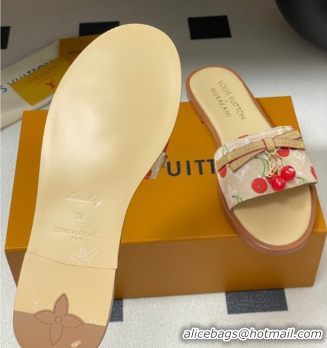 Good Product Louis Vuitton LV x TM Lily Flat Slides Sandals with Bow and Cherry Charm in Monogram Denim Beige 0714055