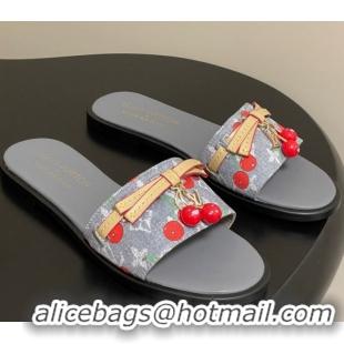 Top Design Louis Vuitton LV x TM Lily Flat Slides Sandals with Bow and Cherry Charm in Monogram Denim Grey/Red 0714056