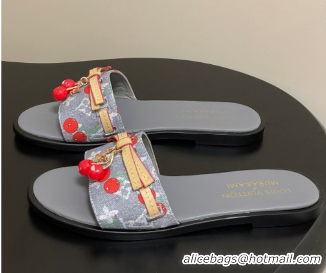 Top Design Louis Vuitton LV x TM Lily Flat Slides Sandals with Bow and Cherry Charm in Monogram Denim Grey/Red 0714056
