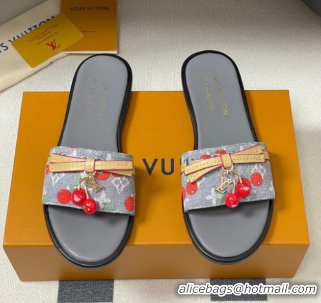 Top Design Louis Vuitton LV x TM Lily Flat Slides Sandals with Bow and Cherry Charm in Monogram Denim Grey/Red 0714056