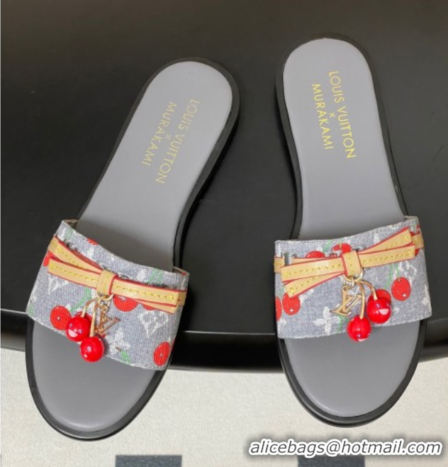Top Design Louis Vuitton LV x TM Lily Flat Slides Sandals with Bow and Cherry Charm in Monogram Denim Grey/Red 0714056