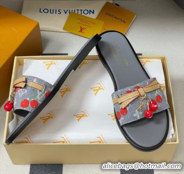 Top Design Louis Vuitton LV x TM Lily Flat Slides Sandals with Bow and Cherry Charm in Monogram Denim Grey/Red 0714056