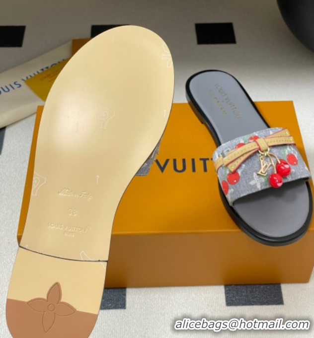 Top Design Louis Vuitton LV x TM Lily Flat Slides Sandals with Bow and Cherry Charm in Monogram Denim Grey/Red 0714056