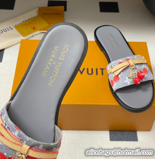Top Design Louis Vuitton LV x TM Lily Flat Slides Sandals with Bow and Cherry Charm in Monogram Denim Grey/Red 0714056