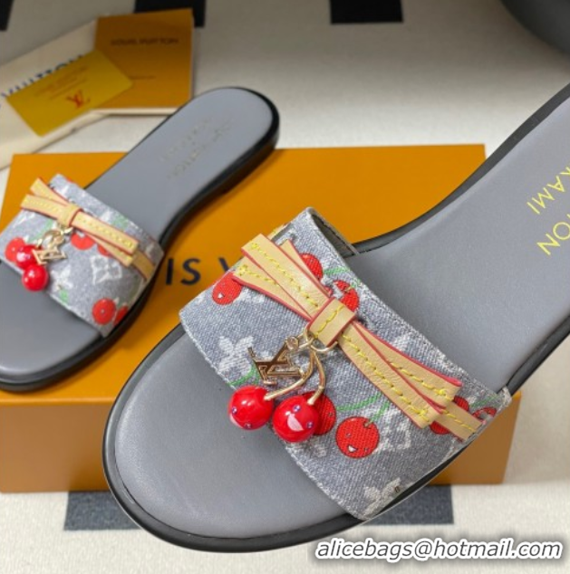Top Design Louis Vuitton LV x TM Lily Flat Slides Sandals with Bow and Cherry Charm in Monogram Denim Grey/Red 0714056
