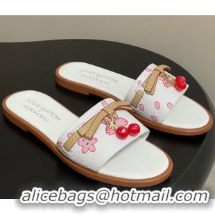 Good Looking Louis Vuitton LV x TM Lily Flat Slides Sandals with Bow and Cherry Charm in Printed Leather White 0714057