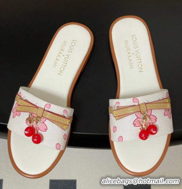 Good Looking Louis Vuitton LV x TM Lily Flat Slides Sandals with Bow and Cherry Charm in Printed Leather White 0714057
