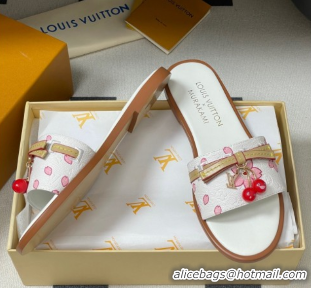 Good Looking Louis Vuitton LV x TM Lily Flat Slides Sandals with Bow and Cherry Charm in Printed Leather White 0714057