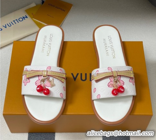 Good Looking Louis Vuitton LV x TM Lily Flat Slides Sandals with Bow and Cherry Charm in Printed Leather White 0714057