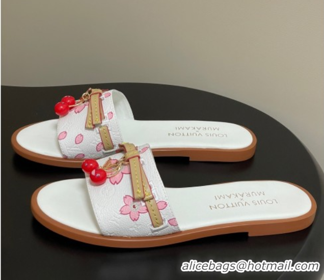 Good Looking Louis Vuitton LV x TM Lily Flat Slides Sandals with Bow and Cherry Charm in Printed Leather White 0714057
