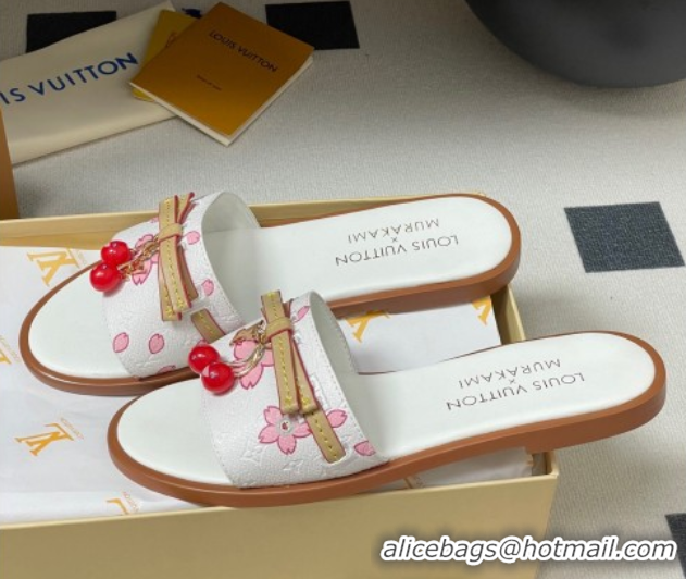 Good Looking Louis Vuitton LV x TM Lily Flat Slides Sandals with Bow and Cherry Charm in Printed Leather White 0714057
