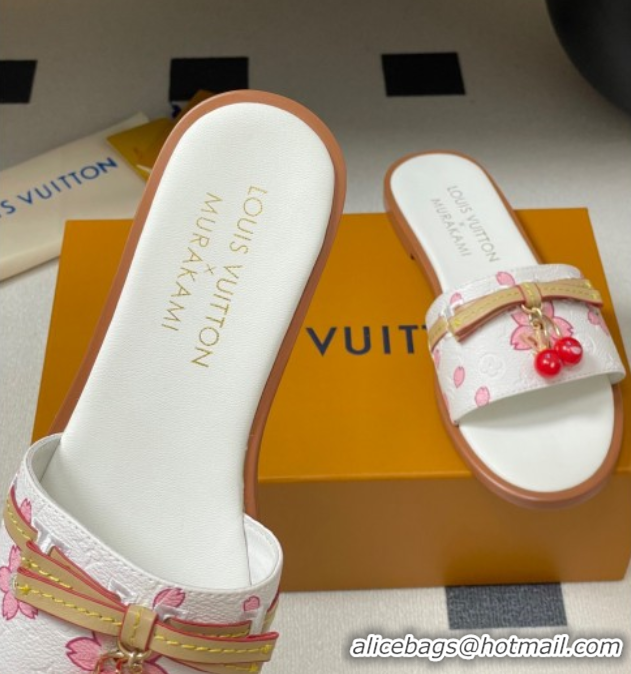 Good Looking Louis Vuitton LV x TM Lily Flat Slides Sandals with Bow and Cherry Charm in Printed Leather White 0714057