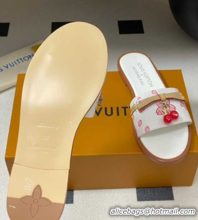 Good Looking Louis Vuitton LV x TM Lily Flat Slides Sandals with Bow and Cherry Charm in Printed Leather White 0714057
