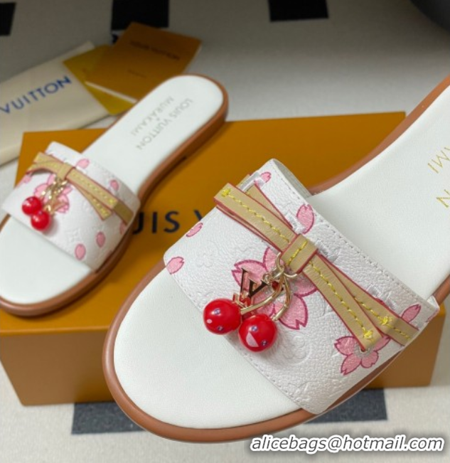 Good Looking Louis Vuitton LV x TM Lily Flat Slides Sandals with Bow and Cherry Charm in Printed Leather White 0714057