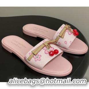 Most Popular Louis Vuitton LV x TM Lily Flat Slides Sandals with Bow and Cherry Charm in Printed Leather Pink 0714058