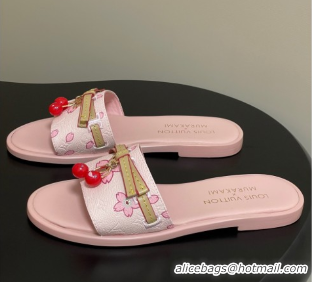 Most Popular Louis Vuitton LV x TM Lily Flat Slides Sandals with Bow and Cherry Charm in Printed Leather Pink 0714058