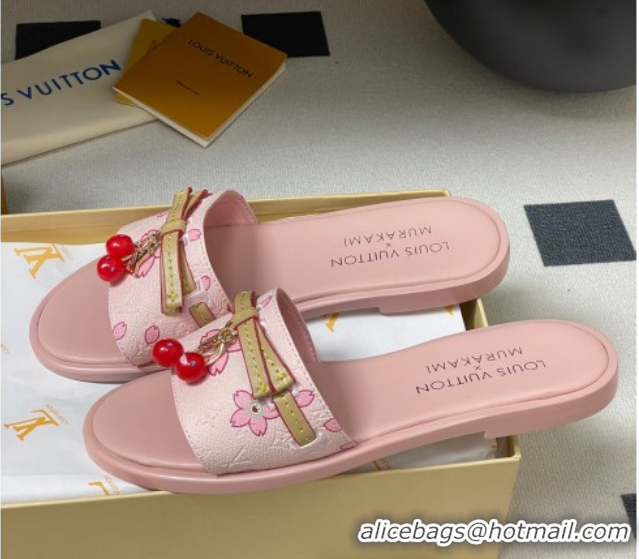 Most Popular Louis Vuitton LV x TM Lily Flat Slides Sandals with Bow and Cherry Charm in Printed Leather Pink 0714058