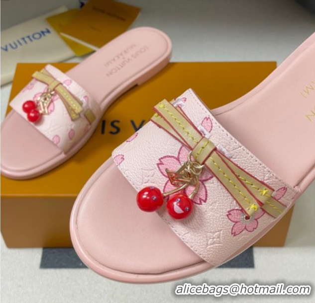 Most Popular Louis Vuitton LV x TM Lily Flat Slides Sandals with Bow and Cherry Charm in Printed Leather Pink 0714058