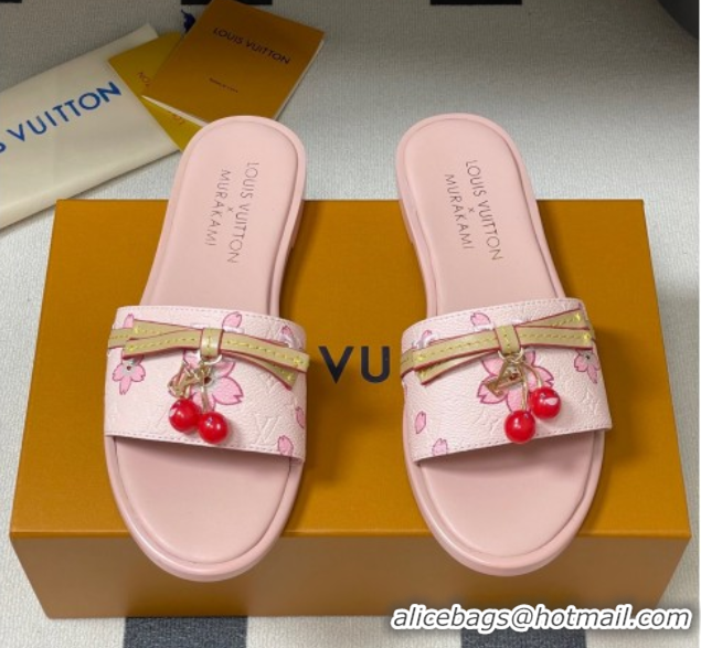 Most Popular Louis Vuitton LV x TM Lily Flat Slides Sandals with Bow and Cherry Charm in Printed Leather Pink 0714058