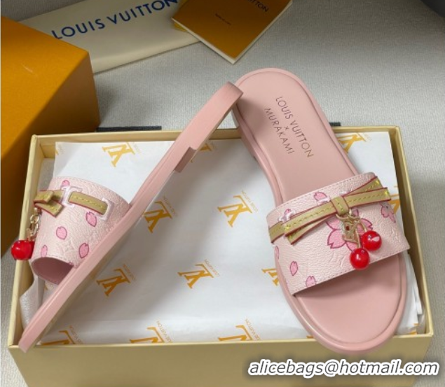 Most Popular Louis Vuitton LV x TM Lily Flat Slides Sandals with Bow and Cherry Charm in Printed Leather Pink 0714058