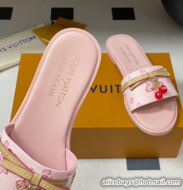 Most Popular Louis Vuitton LV x TM Lily Flat Slides Sandals with Bow and Cherry Charm in Printed Leather Pink 0714058