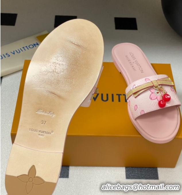 Most Popular Louis Vuitton LV x TM Lily Flat Slides Sandals with Bow and Cherry Charm in Printed Leather Pink 0714058