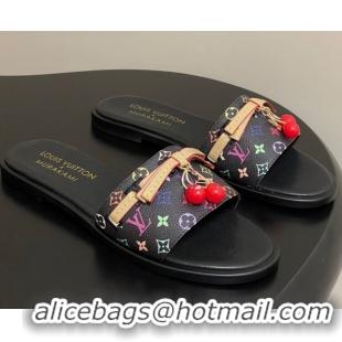 Grade Louis Vuitton LV x TM Lily Flat Slides Sandals with Bow and Cherry Charm in Monogram Canvas Black 0714059