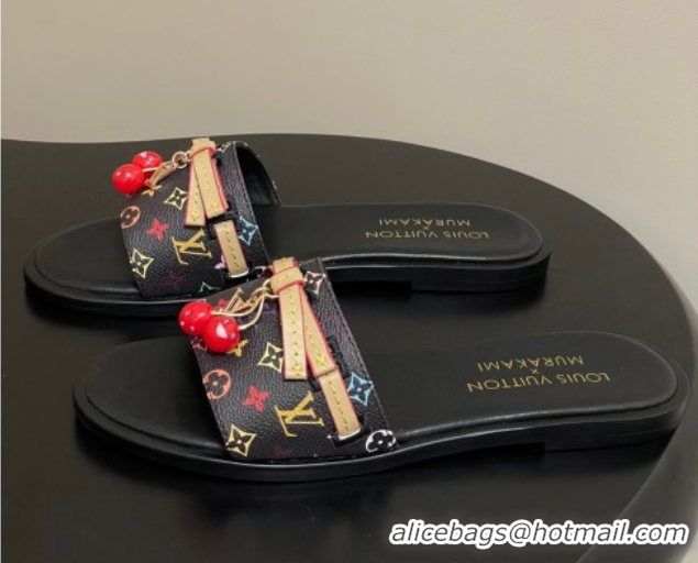 Grade Louis Vuitton LV x TM Lily Flat Slides Sandals with Bow and Cherry Charm in Monogram Canvas Black 0714059