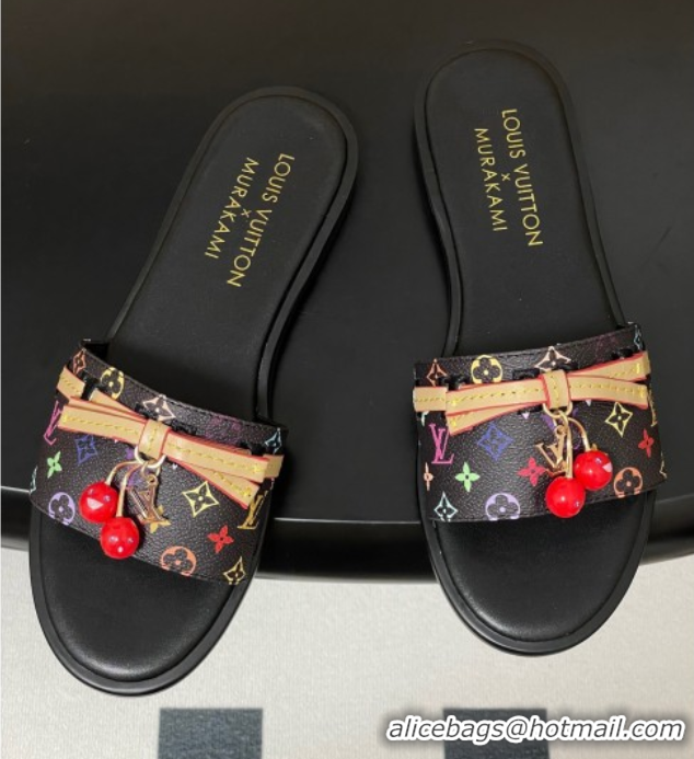 Grade Louis Vuitton LV x TM Lily Flat Slides Sandals with Bow and Cherry Charm in Monogram Canvas Black 0714059