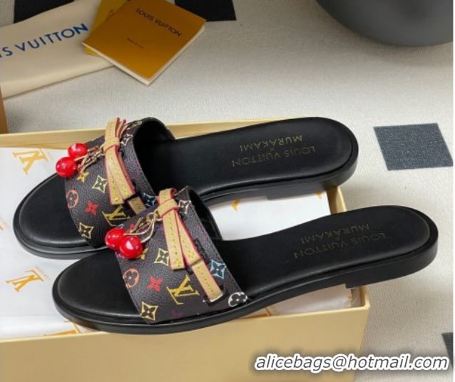 Grade Louis Vuitton LV x TM Lily Flat Slides Sandals with Bow and Cherry Charm in Monogram Canvas Black 0714059