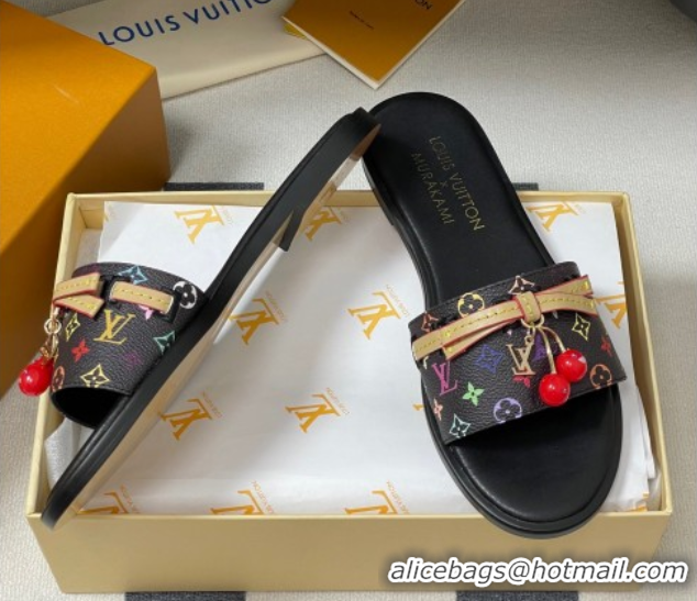 Grade Louis Vuitton LV x TM Lily Flat Slides Sandals with Bow and Cherry Charm in Monogram Canvas Black 0714059