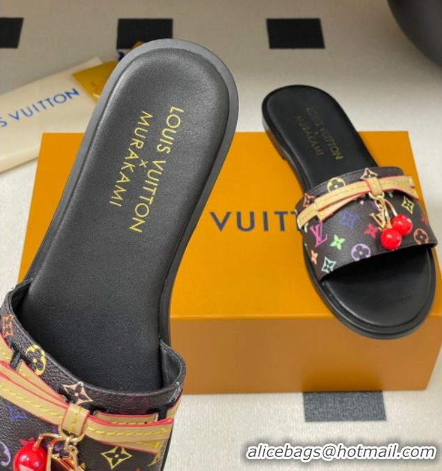 Grade Louis Vuitton LV x TM Lily Flat Slides Sandals with Bow and Cherry Charm in Monogram Canvas Black 0714059