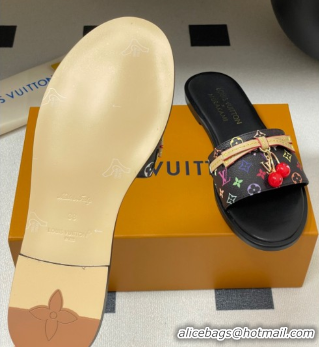 Grade Louis Vuitton LV x TM Lily Flat Slides Sandals with Bow and Cherry Charm in Monogram Canvas Black 0714059