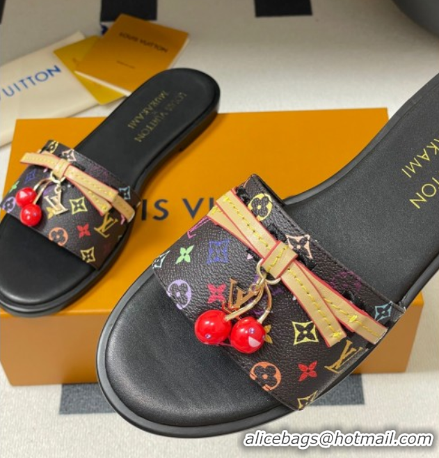 Grade Louis Vuitton LV x TM Lily Flat Slides Sandals with Bow and Cherry Charm in Monogram Canvas Black 0714059