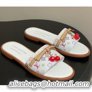 Cheap Price Louis Vuitton LV x TM Lily Flat Slides Sandals with Bow and Cherry Charm in Monogram Canvas White 0714060