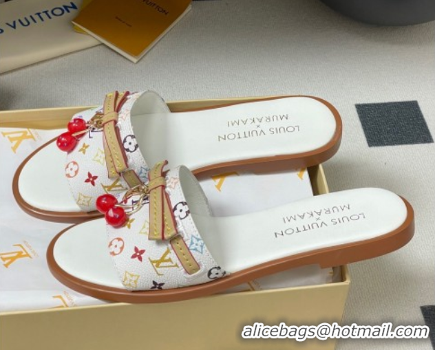 Cheap Price Louis Vuitton LV x TM Lily Flat Slides Sandals with Bow and Cherry Charm in Monogram Canvas White 0714060