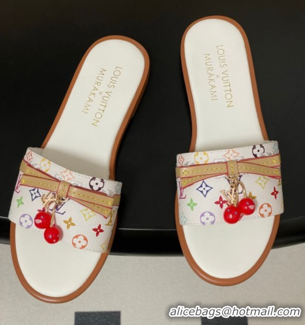 Cheap Price Louis Vuitton LV x TM Lily Flat Slides Sandals with Bow and Cherry Charm in Monogram Canvas White 0714060