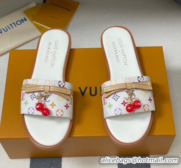 Cheap Price Louis Vuitton LV x TM Lily Flat Slides Sandals with Bow and Cherry Charm in Monogram Canvas White 0714060