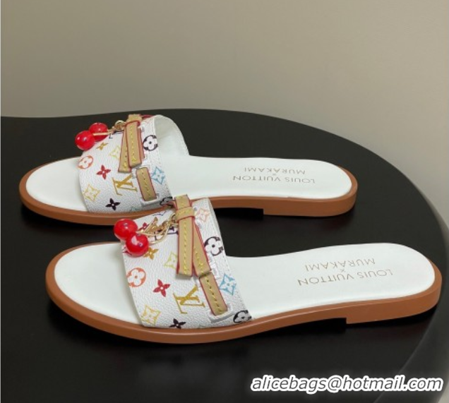 Cheap Price Louis Vuitton LV x TM Lily Flat Slides Sandals with Bow and Cherry Charm in Monogram Canvas White 0714060