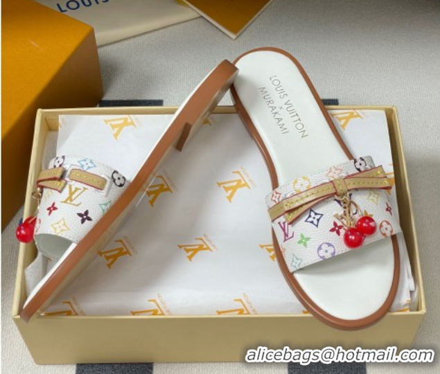 Cheap Price Louis Vuitton LV x TM Lily Flat Slides Sandals with Bow and Cherry Charm in Monogram Canvas White 0714060