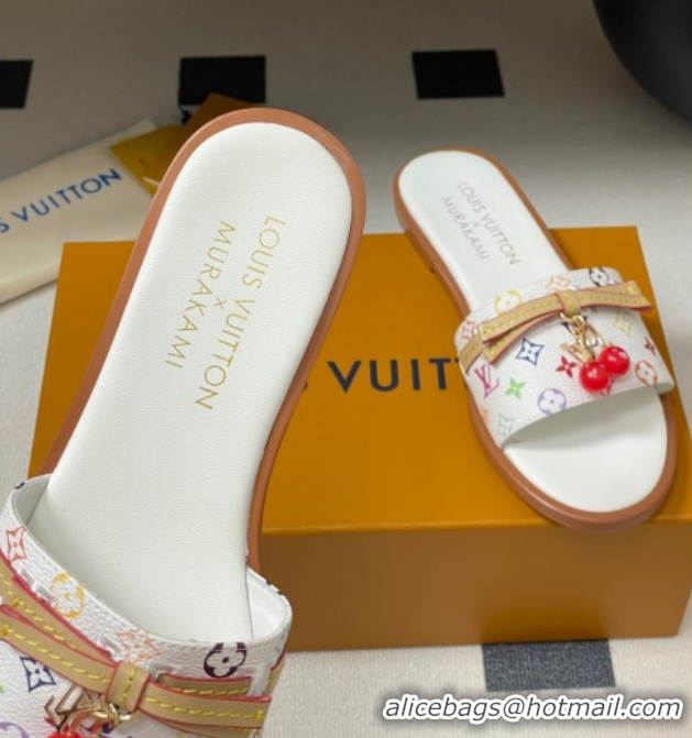 Cheap Price Louis Vuitton LV x TM Lily Flat Slides Sandals with Bow and Cherry Charm in Monogram Canvas White 0714060