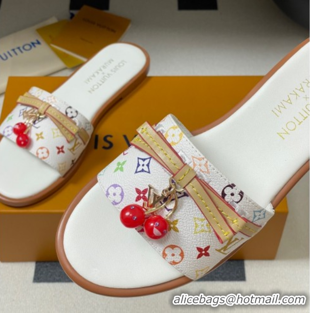 Cheap Price Louis Vuitton LV x TM Lily Flat Slides Sandals with Bow and Cherry Charm in Monogram Canvas White 0714060