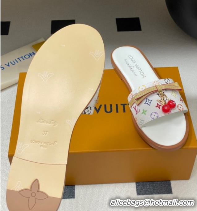 Cheap Price Louis Vuitton LV x TM Lily Flat Slides Sandals with Bow and Cherry Charm in Monogram Canvas White 0714060