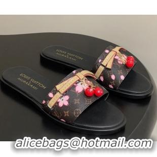 Big Discount Louis Vuitton LV x TM Lily Flat Slides Sandals with Bow and Cherry Charm in Monogram Canvas Brown 0714061