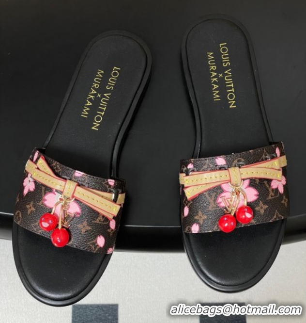 Big Discount Louis Vuitton LV x TM Lily Flat Slides Sandals with Bow and Cherry Charm in Monogram Canvas Brown 0714061