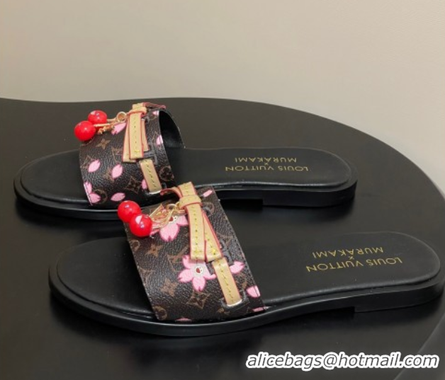 Big Discount Louis Vuitton LV x TM Lily Flat Slides Sandals with Bow and Cherry Charm in Monogram Canvas Brown 0714061