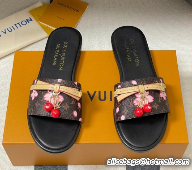Big Discount Louis Vuitton LV x TM Lily Flat Slides Sandals with Bow and Cherry Charm in Monogram Canvas Brown 0714061