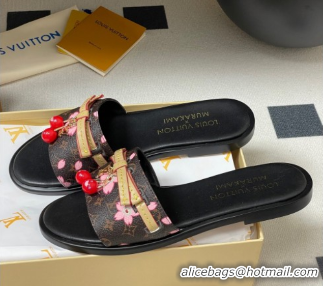 Big Discount Louis Vuitton LV x TM Lily Flat Slides Sandals with Bow and Cherry Charm in Monogram Canvas Brown 0714061