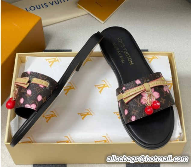 Big Discount Louis Vuitton LV x TM Lily Flat Slides Sandals with Bow and Cherry Charm in Monogram Canvas Brown 0714061