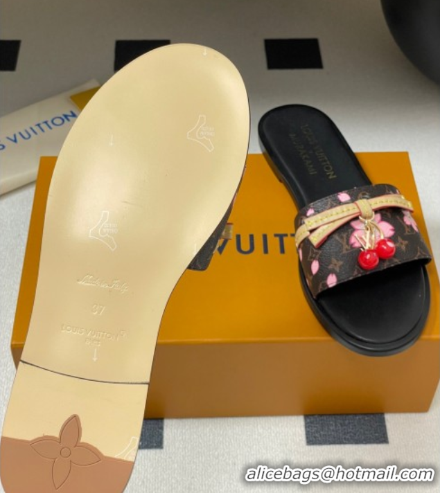 Big Discount Louis Vuitton LV x TM Lily Flat Slides Sandals with Bow and Cherry Charm in Monogram Canvas Brown 0714061